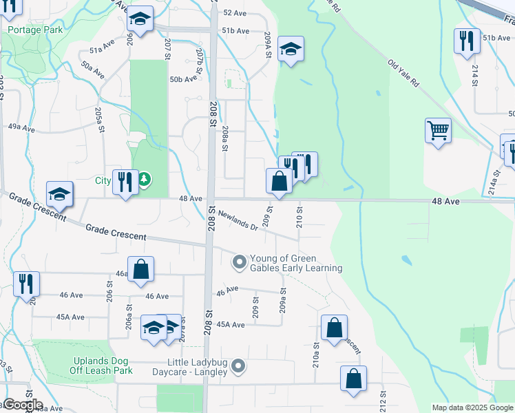 map of restaurants, bars, coffee shops, grocery stores, and more near 20888 48 Avenue in Langley