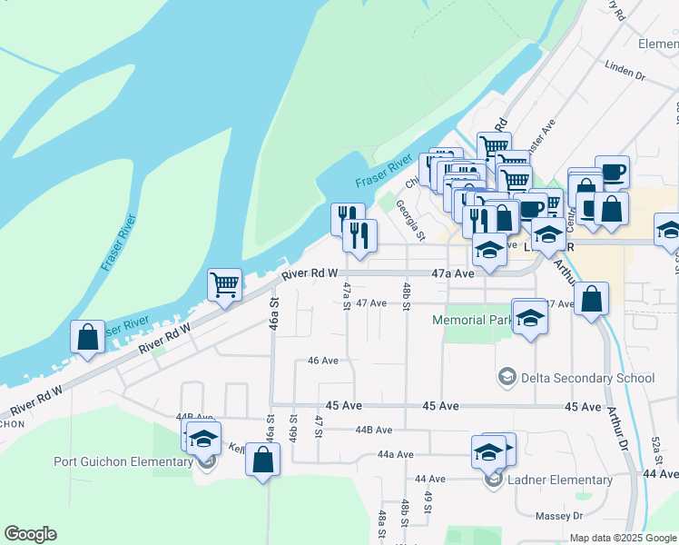 map of restaurants, bars, coffee shops, grocery stores, and more near 4753 River Road West in Delta