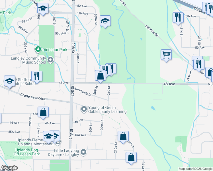 map of restaurants, bars, coffee shops, grocery stores, and more near 5655 210 Street in Langley