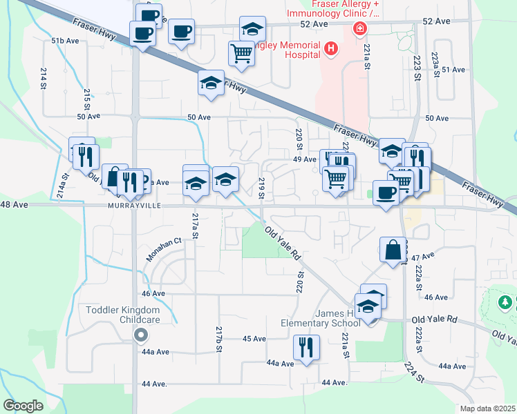 map of restaurants, bars, coffee shops, grocery stores, and more near 21928 48 Avenue in Langley City