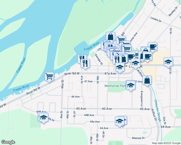 map of restaurants, bars, coffee shops, grocery stores, and more near 4819 47A Avenue in Delta