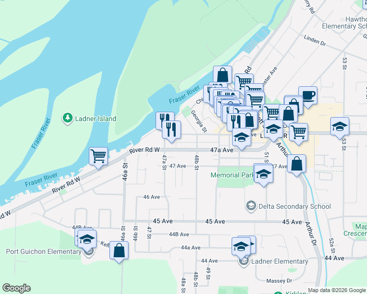 map of restaurants, bars, coffee shops, grocery stores, and more near 4827 47A Avenue in Delta