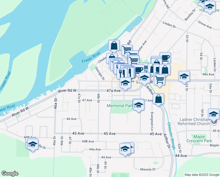 map of restaurants, bars, coffee shops, grocery stores, and more near 4931 47A Avenue in Delta