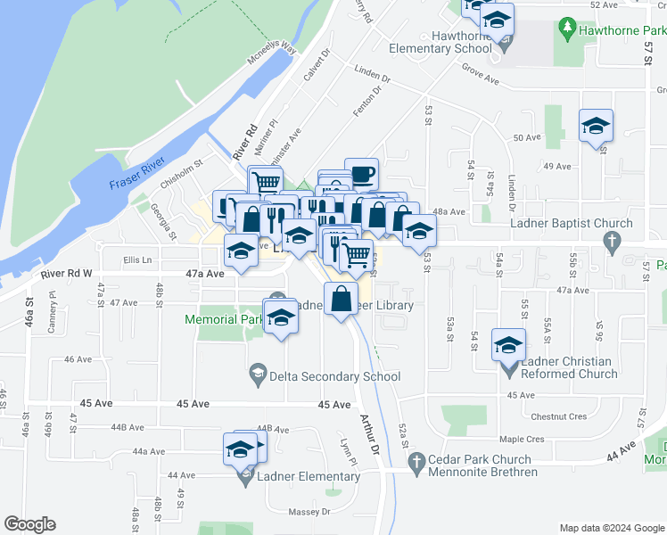 map of restaurants, bars, coffee shops, grocery stores, and more near 5160 Ladner Trunk Road in Delta