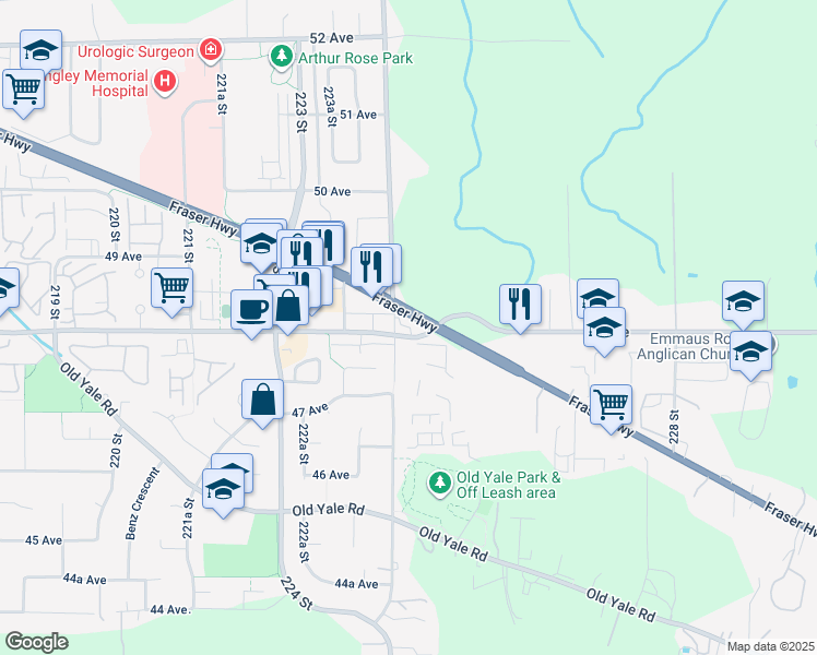map of restaurants, bars, coffee shops, grocery stores, and more near in Langley Township