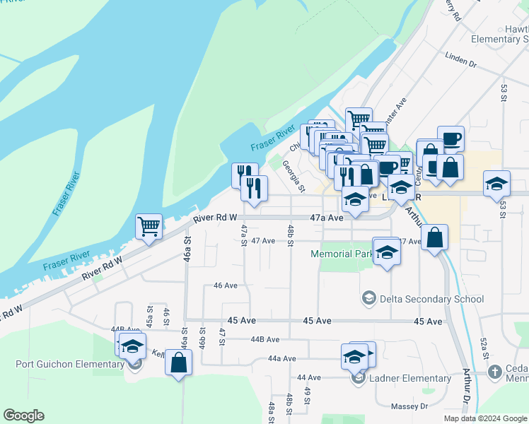map of restaurants, bars, coffee shops, grocery stores, and more near in Delta