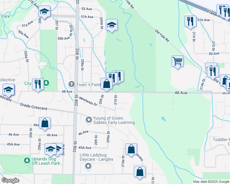 map of restaurants, bars, coffee shops, grocery stores, and more near 20980 48 Avenue in Langley