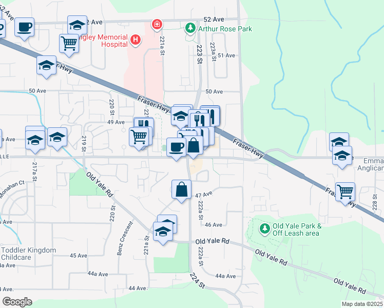 map of restaurants, bars, coffee shops, grocery stores, and more near 22198 48 Avenue in Langley