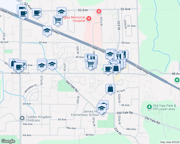 map of restaurants, bars, coffee shops, grocery stores, and more near 22071 48 Avenue in Langley