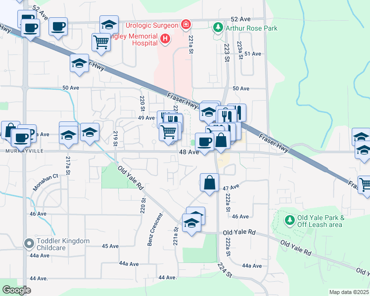 map of restaurants, bars, coffee shops, grocery stores, and more near 22128 48A Avenue in Langley City