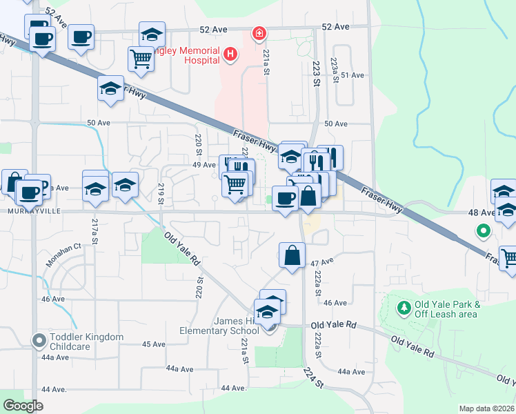 map of restaurants, bars, coffee shops, grocery stores, and more near 22128 48A Avenue in Langley Township