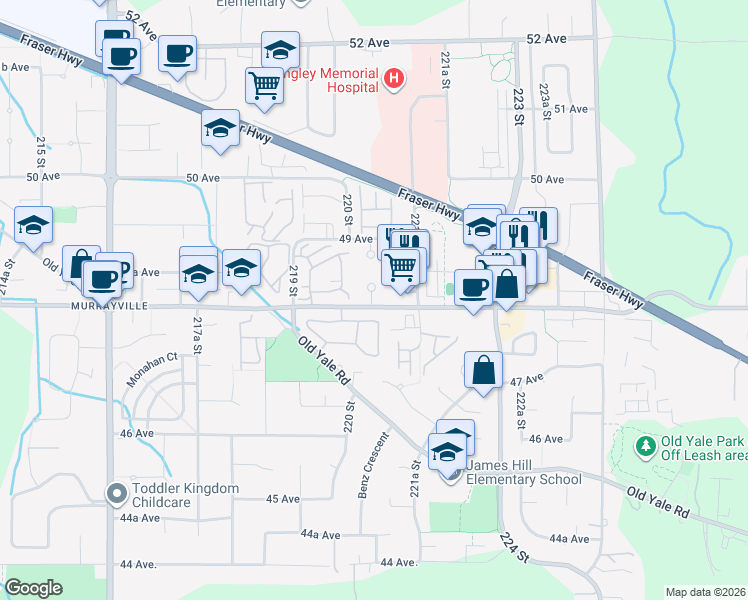 map of restaurants, bars, coffee shops, grocery stores, and more near in Langley