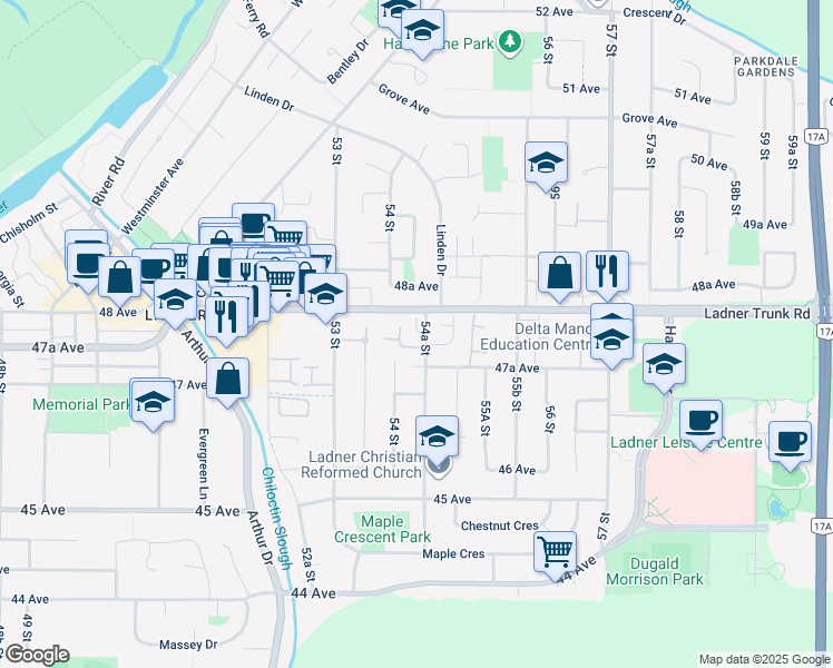 map of restaurants, bars, coffee shops, grocery stores, and more near 9 47A Avenue in Delta