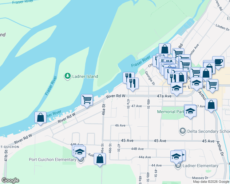 map of restaurants, bars, coffee shops, grocery stores, and more near 4704 Ashbury Place in Delta