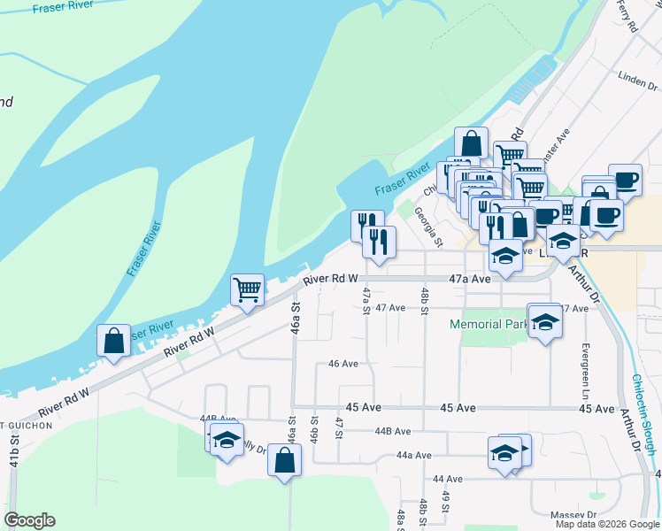 map of restaurants, bars, coffee shops, grocery stores, and more near 4733 River Road West in Delta