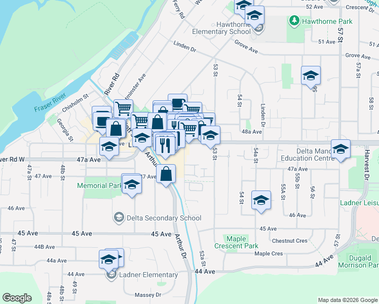 map of restaurants, bars, coffee shops, grocery stores, and more near 4770 52A Street in Delta
