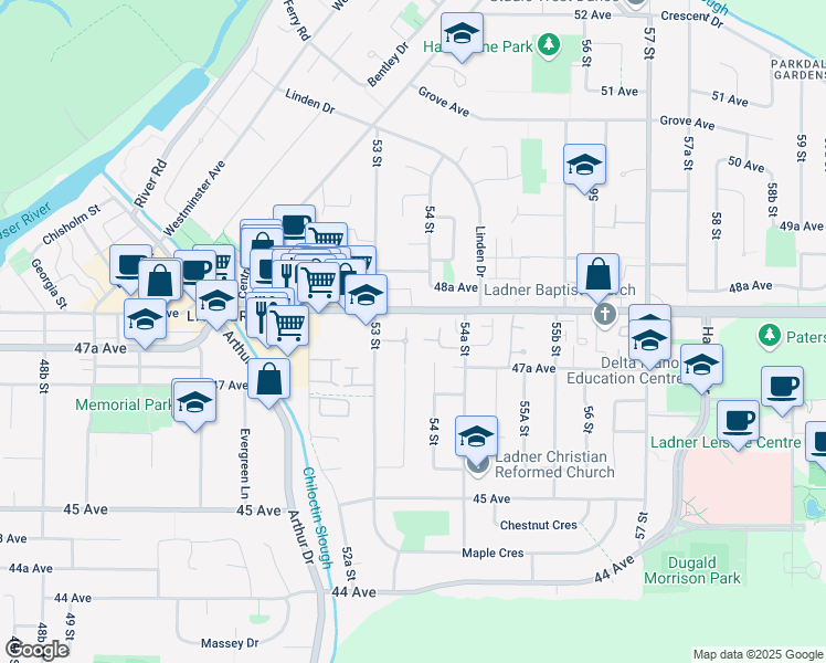 map of restaurants, bars, coffee shops, grocery stores, and more near 108-4758 53 Street in Delta