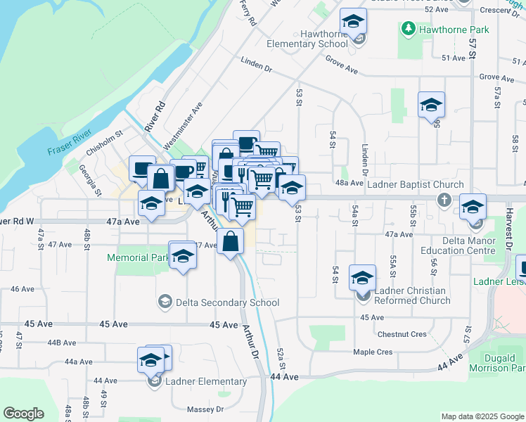 map of restaurants, bars, coffee shops, grocery stores, and more near 4770 52A Street in Delta