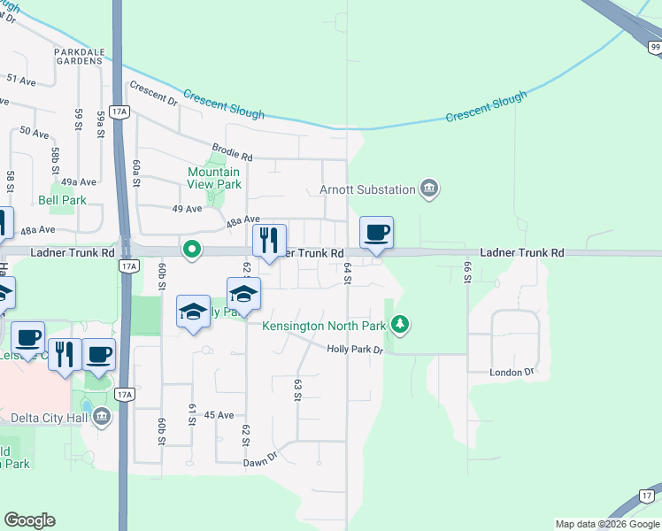map of restaurants, bars, coffee shops, grocery stores, and more near 4767 64 Street in Delta
