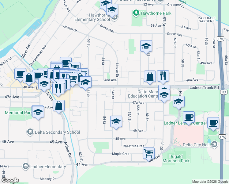 map of restaurants, bars, coffee shops, grocery stores, and more near 4770 54A Street in Delta