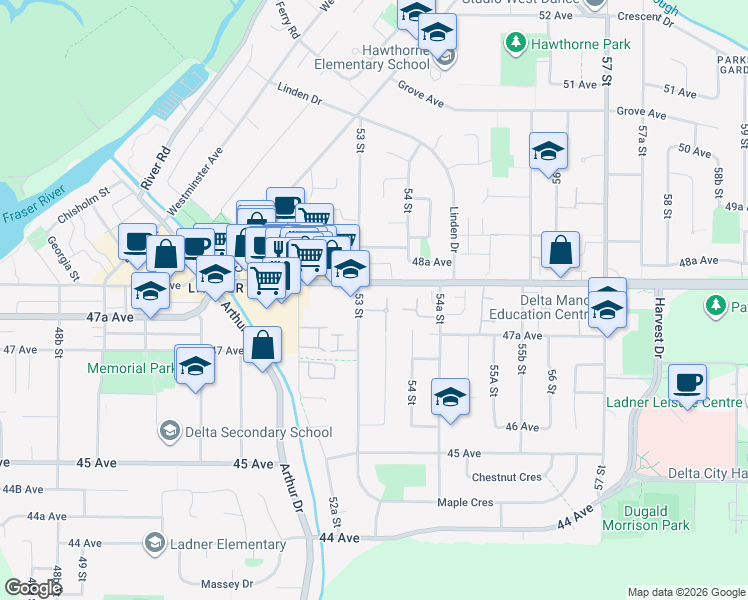 map of restaurants, bars, coffee shops, grocery stores, and more near in Delta