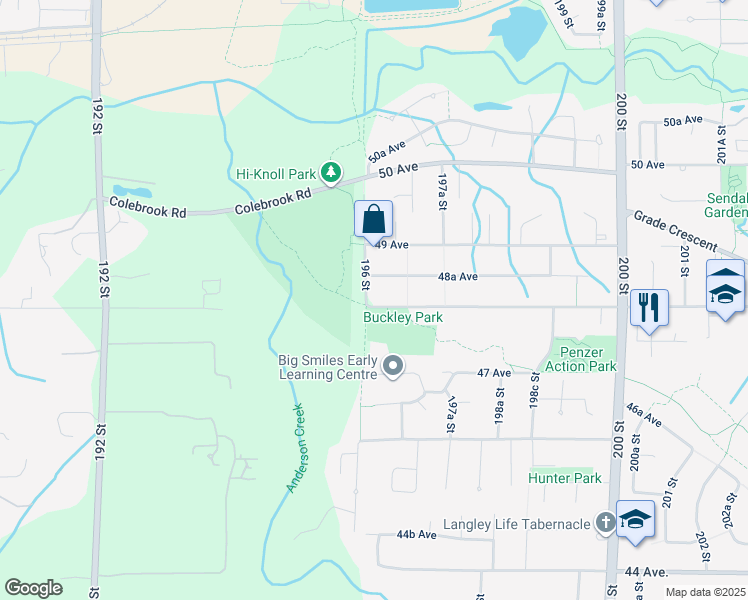 map of restaurants, bars, coffee shops, grocery stores, and more near 19617 48 Avenue in Langley