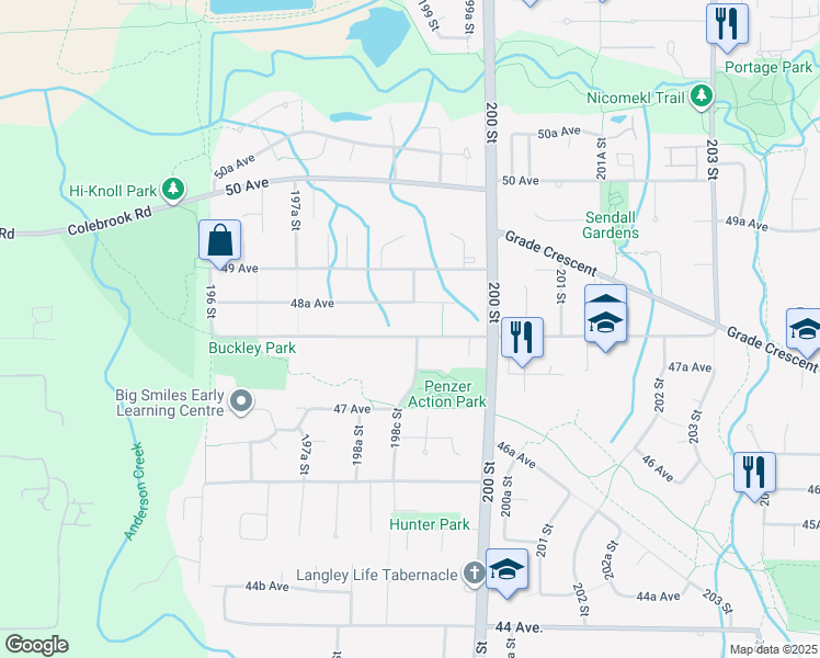 map of restaurants, bars, coffee shops, grocery stores, and more near 19881 48 Avenue in Langley