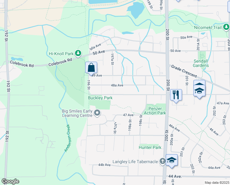 map of restaurants, bars, coffee shops, grocery stores, and more near 19735 48 Avenue in Langley