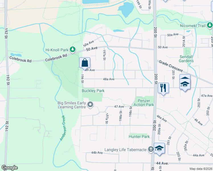 map of restaurants, bars, coffee shops, grocery stores, and more near 19735 48 Avenue in Langley