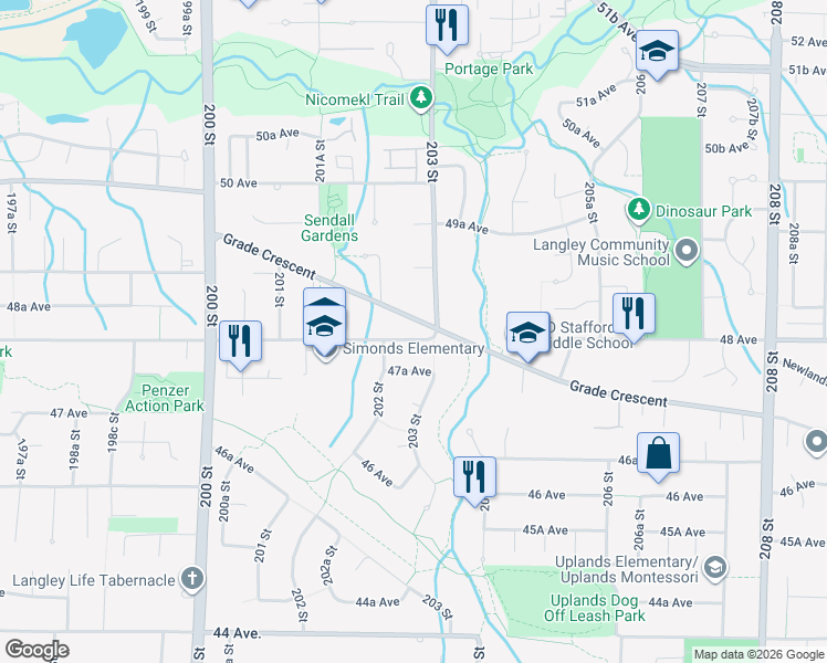 map of restaurants, bars, coffee shops, grocery stores, and more near 20290 Grade Crescent in Langley