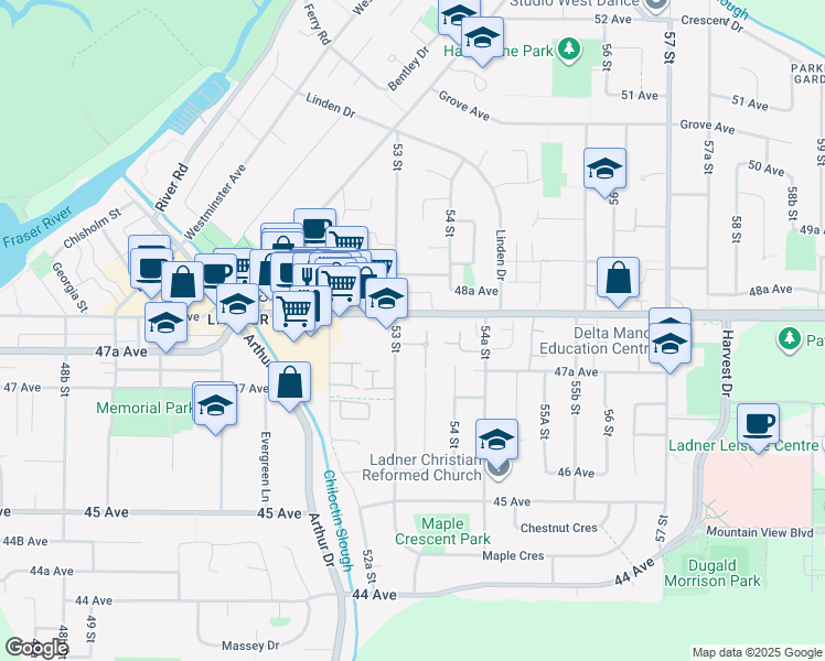 map of restaurants, bars, coffee shops, grocery stores, and more near in Delta