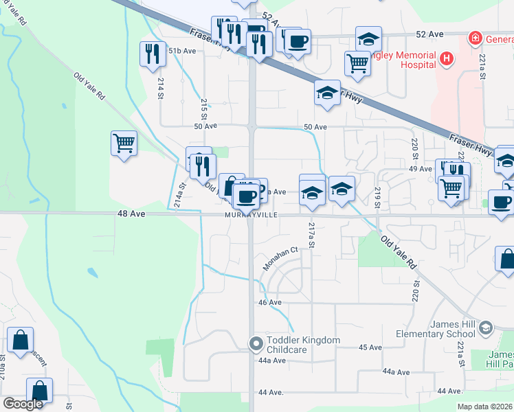 map of restaurants, bars, coffee shops, grocery stores, and more near 4863 Johnston Townline Road in Langley City