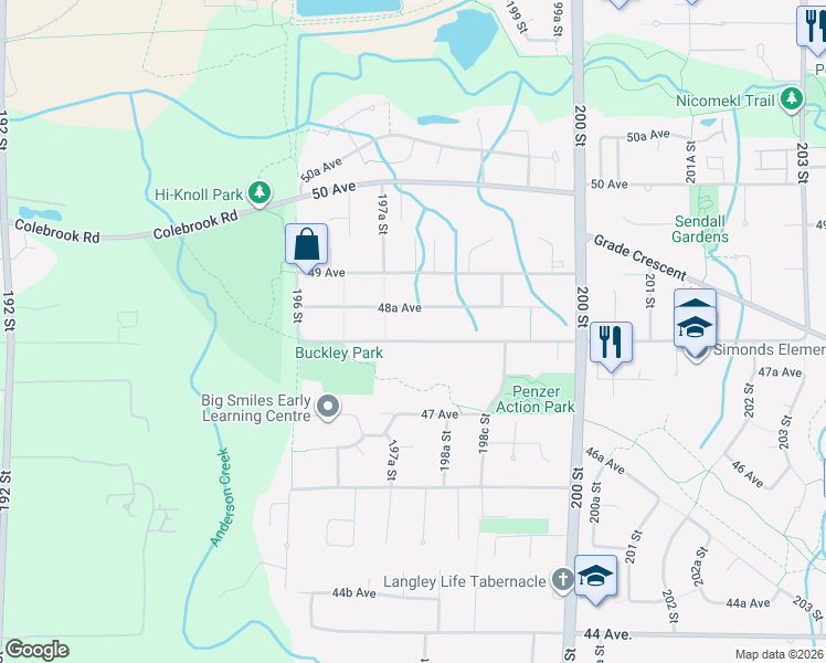 map of restaurants, bars, coffee shops, grocery stores, and more near 19765 48 Avenue in Langley