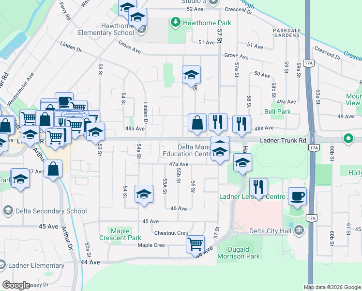map of restaurants, bars, coffee shops, grocery stores, and more near 4780 55B Street in Delta