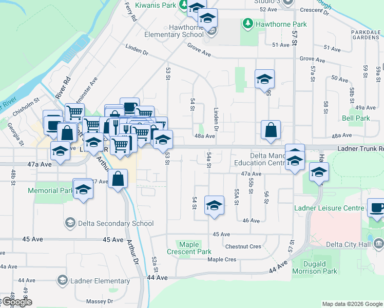 map of restaurants, bars, coffee shops, grocery stores, and more near 4745 54A Street in Delta