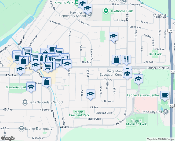 map of restaurants, bars, coffee shops, grocery stores, and more near in Delta