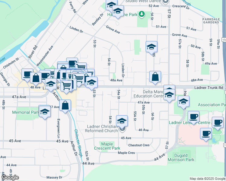 map of restaurants, bars, coffee shops, grocery stores, and more near 4747 54A Street in Delta