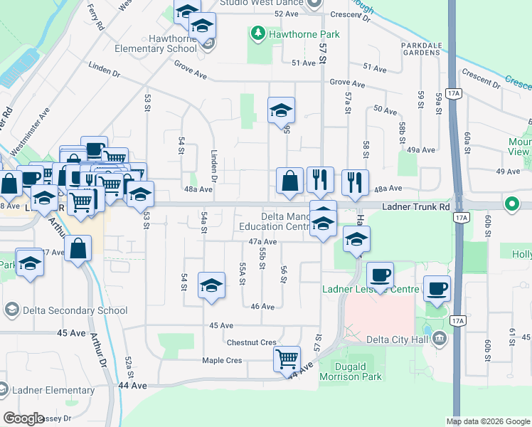 map of restaurants, bars, coffee shops, grocery stores, and more near 4780 55B Street in Delta
