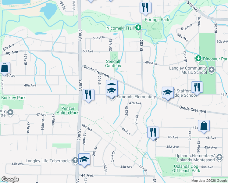 map of restaurants, bars, coffee shops, grocery stores, and more near 20173 48 Avenue in Langley