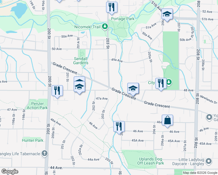 map of restaurants, bars, coffee shops, grocery stores, and more near 48 Avenue in Langley
