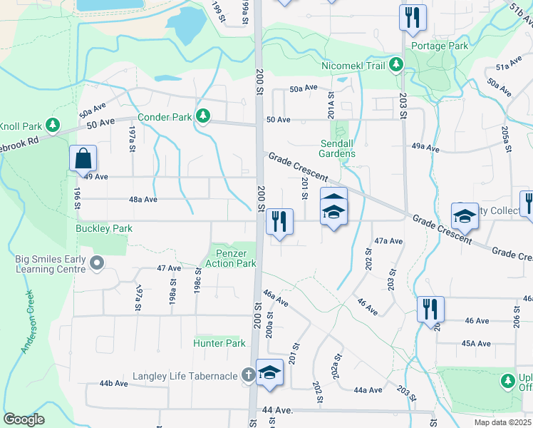 map of restaurants, bars, coffee shops, grocery stores, and more near 4820 200 Street in Langley