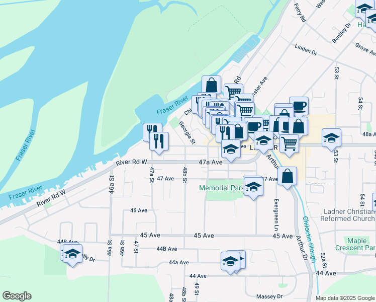 map of restaurants, bars, coffee shops, grocery stores, and more near 4788 48B Street in Delta