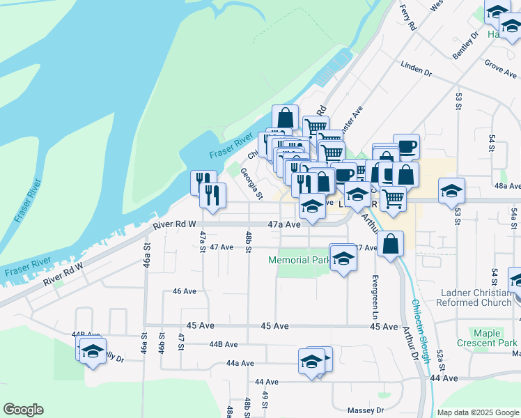 map of restaurants, bars, coffee shops, grocery stores, and more near 4890 48 Avenue in Delta