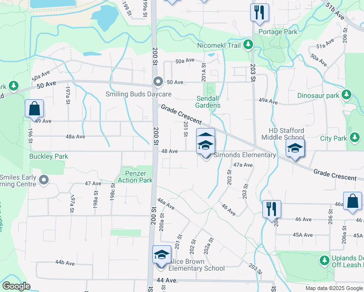 map of restaurants, bars, coffee shops, grocery stores, and more near 4815 201 Street in Langley