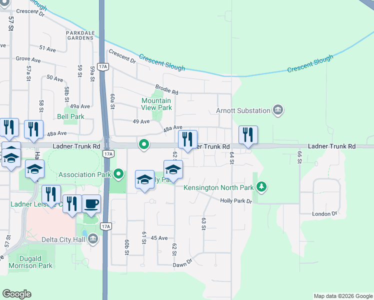 map of restaurants, bars, coffee shops, grocery stores, and more near 4756 62 Street in Delta