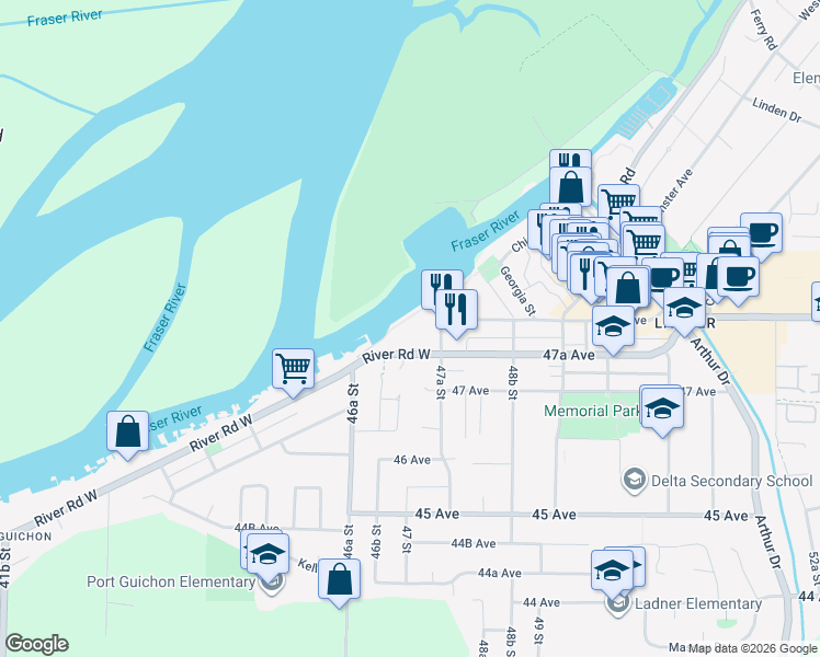 map of restaurants, bars, coffee shops, grocery stores, and more near 4743 River Road West in Delta