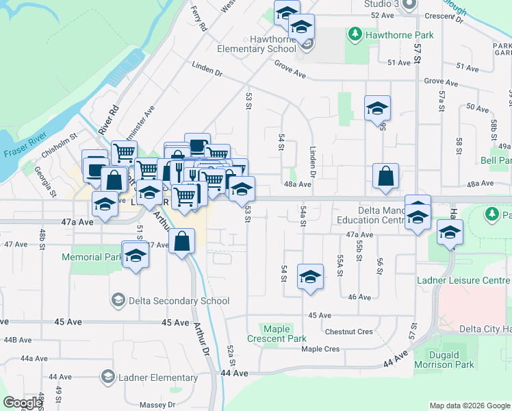 map of restaurants, bars, coffee shops, grocery stores, and more near 4768 53 Street in Delta