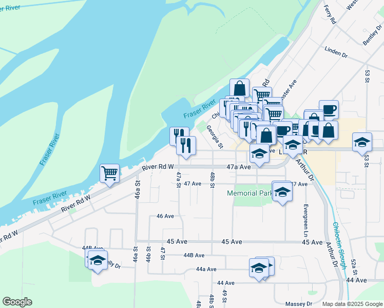 map of restaurants, bars, coffee shops, grocery stores, and more near 4806 48 Avenue in Delta