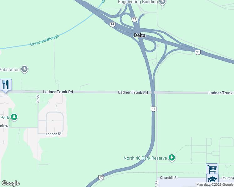 map of restaurants, bars, coffee shops, grocery stores, and more near 7021 Ladner Trunk Road in Delta