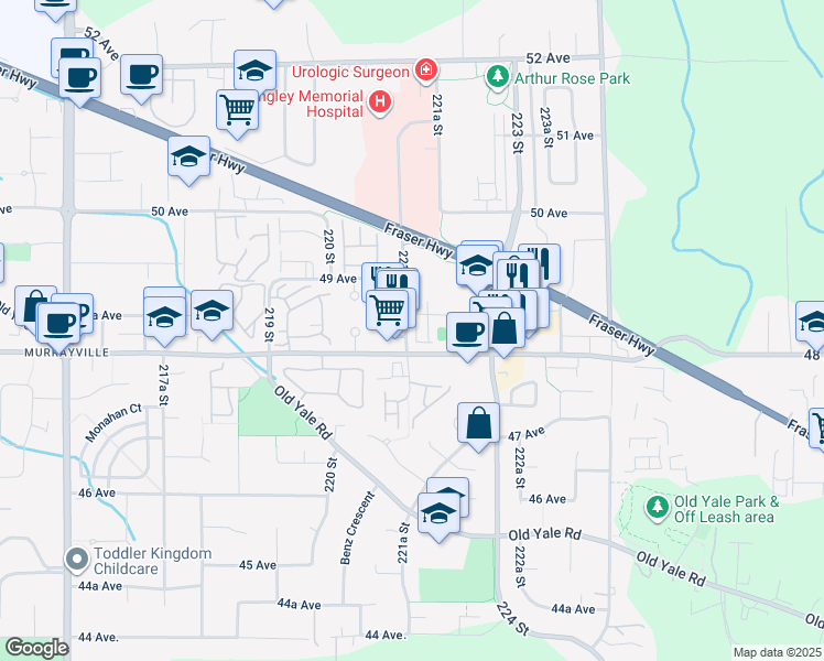 map of restaurants, bars, coffee shops, grocery stores, and more near 22128 48A Avenue in Langley Township